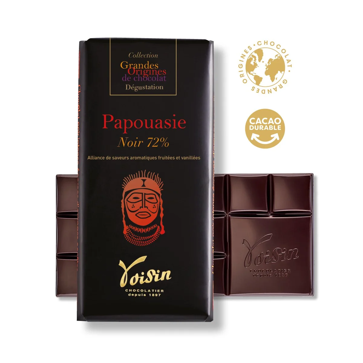 Tablette de chocolat noir Papouasie 72% -Voisin - Vins Rouges Harmonieux pour chocolatier Chaque Occasion