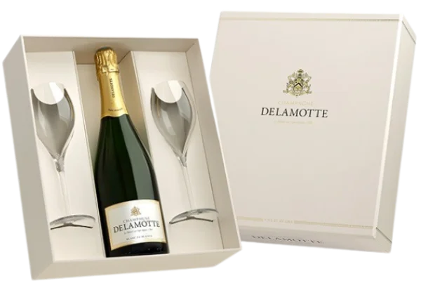 COFFRET DELAMOTTE BLANC DE BLANCS 75cl + 2 FLÛTES - Édition Limitée – L’Art de la Table Française en Promotion ! Coffrets cadeaux - Baobab Collection