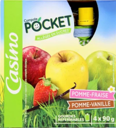 Compote Pocket Refermable Allégée en Sucres Pomme-Fraise -Vanille Logi – Casino – 4 x 90g - ​Boulangerie-Pâtisserie | Pain au Levain & Viennoiseries